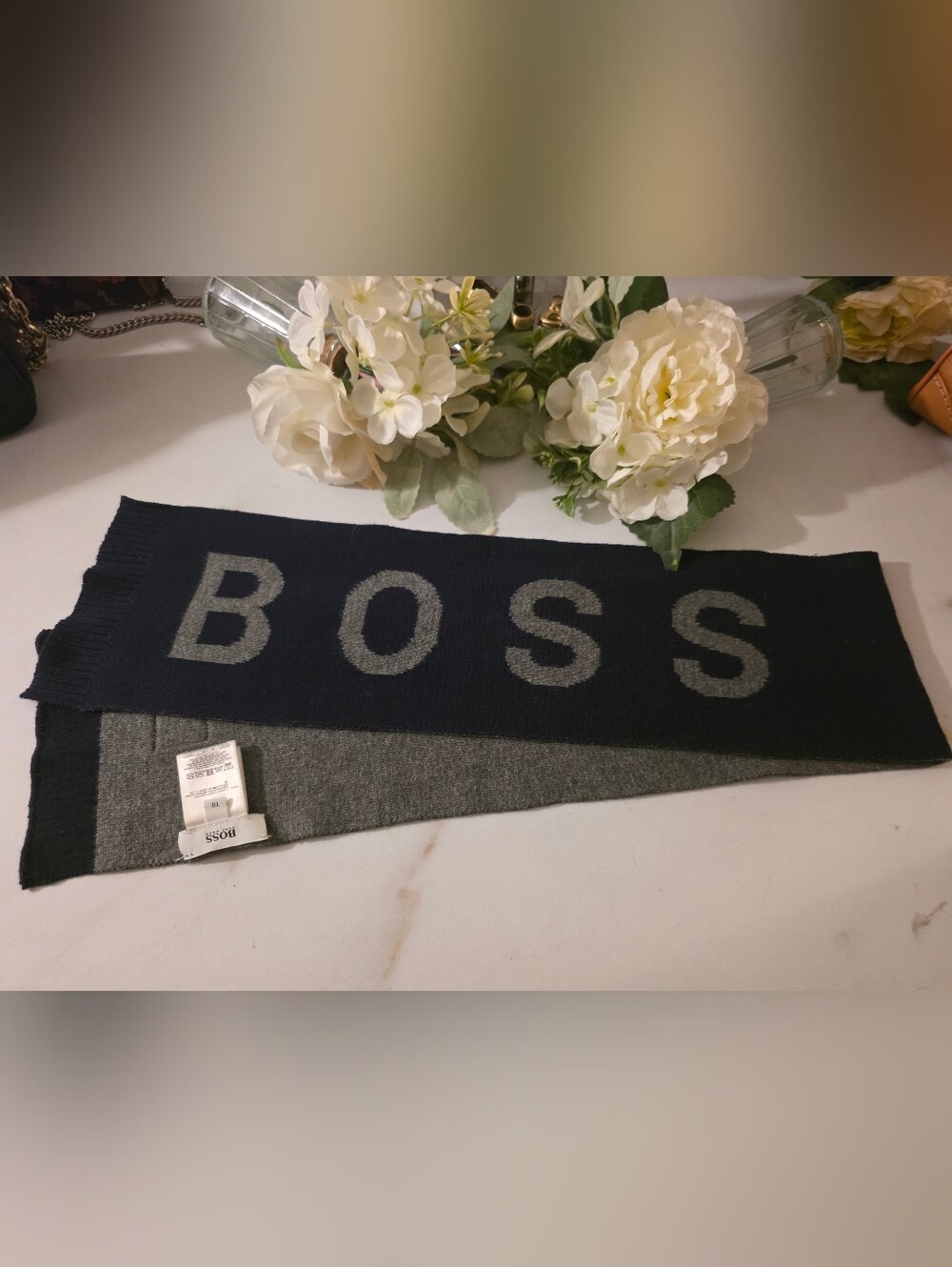 Hugo Boss Navy and Gray BOSS Logo Knit Scarf
